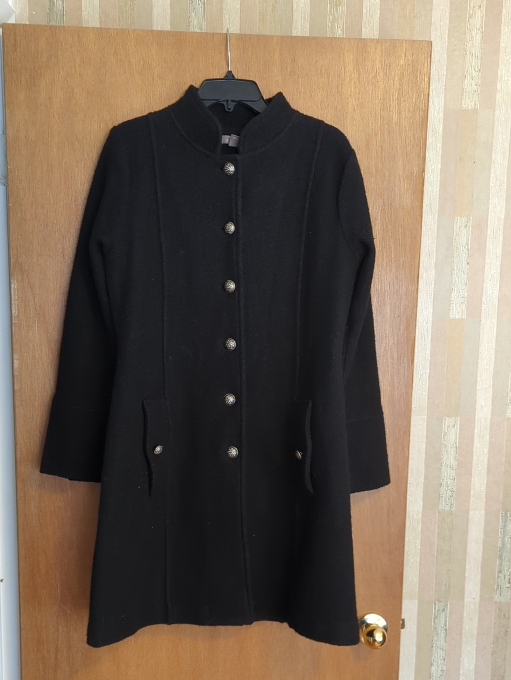 Kenar Black Wool Button-Front Pea Coat